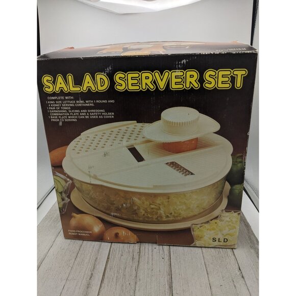 Vintage Manual Food Processor With Bowl Tongs Plate Kidney Servers Beige Clear - Picture 1 of 8